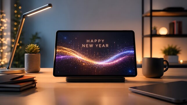 Happy new year tablet screen with colorful abstract wave, desk setup.