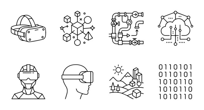 Virtual Reality VR Headset Technology Icons Set, Outline Style