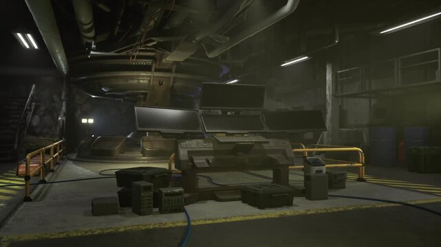 Dim industrial hangar filled with machinery, soft yellow lighting casts long shadows over stacked crates, heavy vehicle chassis and coiled cables, atmosphere