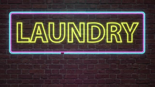 Flickering Yellow and Blue Neon Laundry Sign on Brick Wall