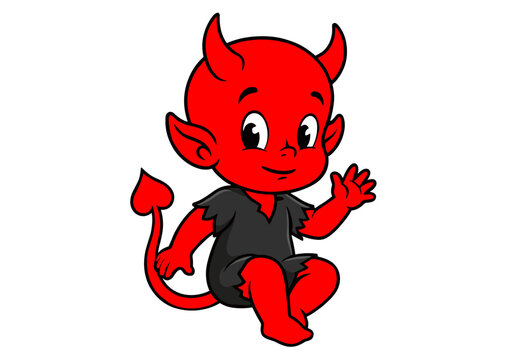 Cute little red devil cartoon mascot waving