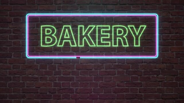 Flickering Green and Purple Neon Bakery Sign on Brick Wall