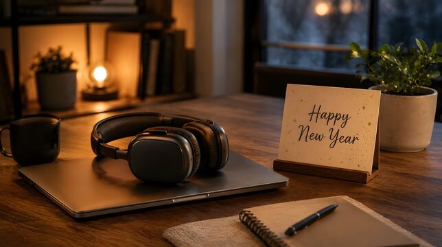 Laptop with headphones happy new year card on desk dark setting.