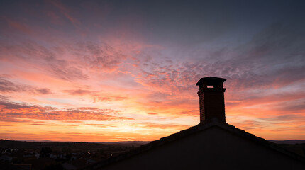 Obraz premium Brick chimney on a rooftop silhouetted against a fiery pink sunset sky