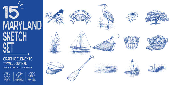 Maryland travel journal collection. Hand drawn Chesapeake heritage elements. Blue crab, skipjack sailboat, black eyed Susan, oyster basket, bay lighthouse. Trendy sketch vector set