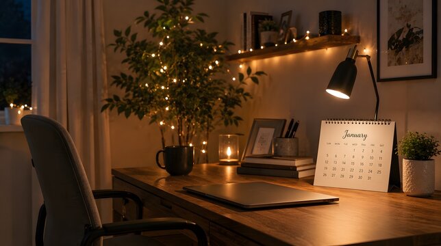 Cozy workspace desk setup with January calendar laptop and ambient fairy light decor.
