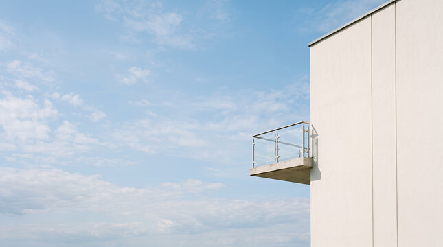Empty glass balcony on a plain white wall against a soft cloudy sky
