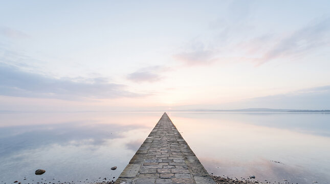 Long stone causeway stretching into a calm pastel sea at dawn