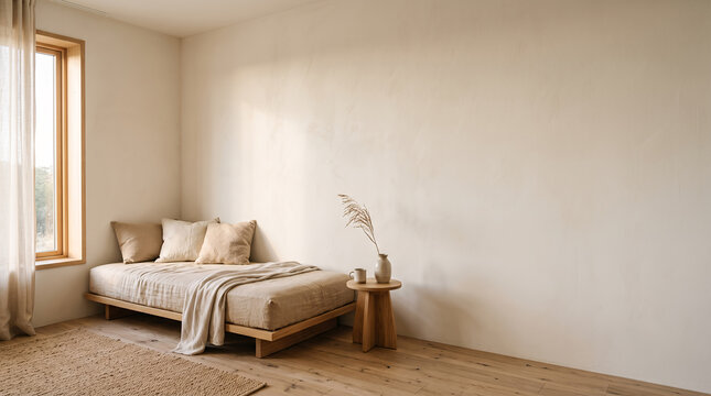 Minimal bedroom with a wooden daybed and dried grasses beside a large bare wall