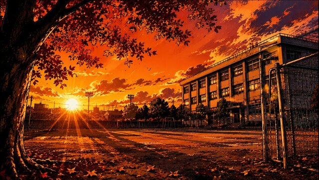 夕焼け空の下で秋の光が差し込む日本の校舎と校庭のノスタルジックな風景