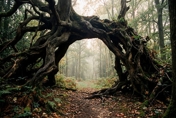 Obraz premium Large ancient tree roots forming an archway over a dirt path in a misty green forest