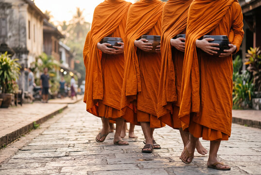 Buddhist monks in vibrant orange robes walking down a paved street carrying traditional alms bowls
