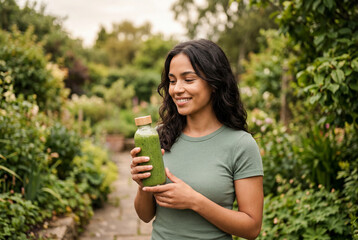 Fototapeta premium Smiling young woman holding a bottle of fresh green smoothie while standing in a summer garden