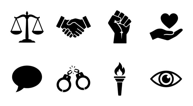 Social Justice Icons: Scales of Justice, Handshake, Fist, Heart, Speech Bubble, Broken Handcuffs, Torch, Eye