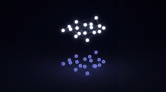 Conceptual 3D render of a glowing cluster of data points casting a slightly altered translucent shadow cluster beside it, symbolizing synthetic data and privacy preserving AI training for business