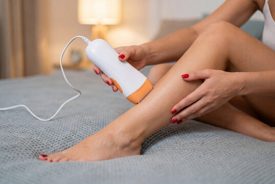 Woman using an electric hair removal device on her leg while sitting on a soft bed