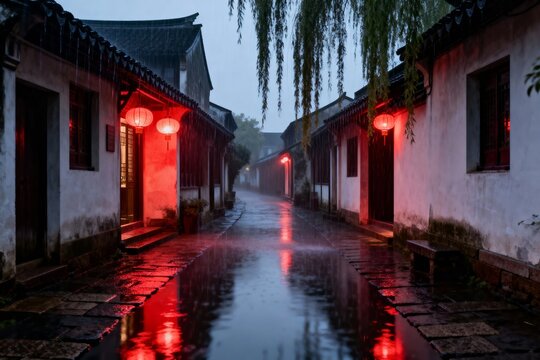 A quiet, rain-soaked alleyway in a traditional village at dusk, illuminated by red lanterns reflecting on wet stone pavement.