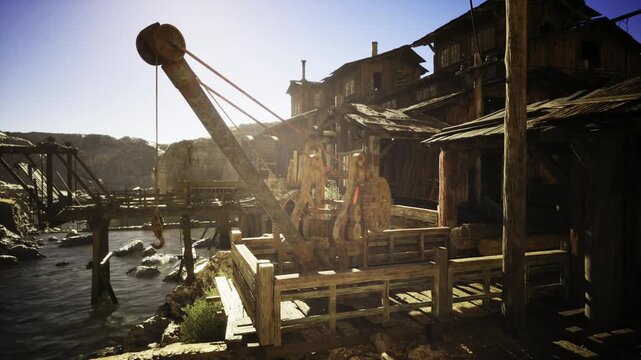 Sunlit wooden harbor cranes and water. Earlymorning Namibia fishing quay with weathered planks, heavy rope, small boats moored, workers prepping nets, warm