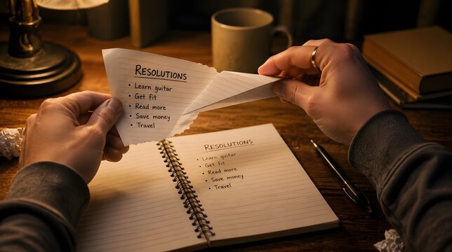 Man hands holding torn paper with new year resolutions list over open notebook.