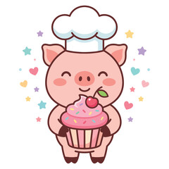 Naklejka premium Sweet pig chef character holding a pink cupcake