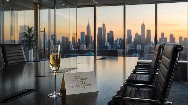 Champagne flute and happy new year card on a corporate office boardroom table.
