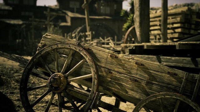 Weathered wagon wheel with iron rim under Namibia sunlit dust. Ancient wooden wheel with iron edging scattered in Namibia dust at historic site