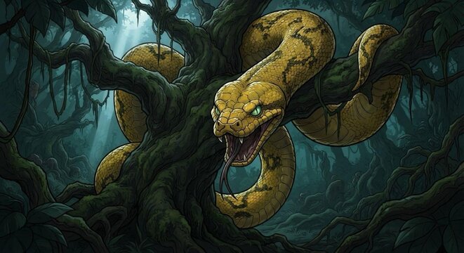 Large yellow python snake wrapped around a tree in a dark mysterious forest