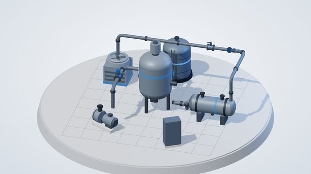 Chemical reactor plant rotating isometric 3D, animated 3D industrial visualization, seamless loop.