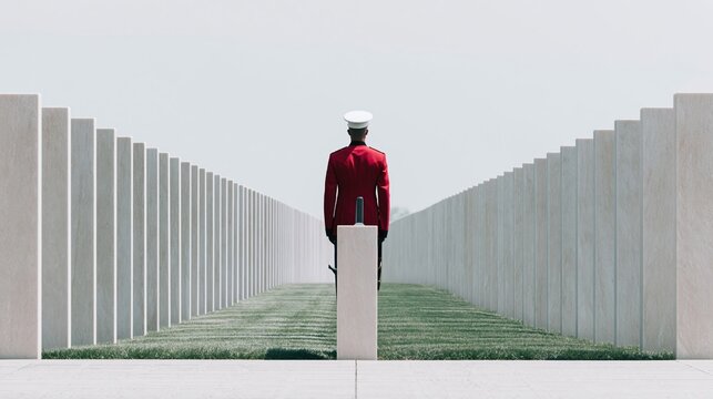 Service member in a crisp red formal dress uniform standing at attention amidst symmetrical rows of stone monuments for Veterans Day tribute