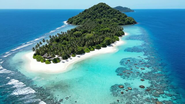 Natural landscapes showcase a breathtaking tropical emerald terrain surrounded by shimmering turquoise waters where vibrant coral reefs thrive beneath the surface of this serene remote oceanic