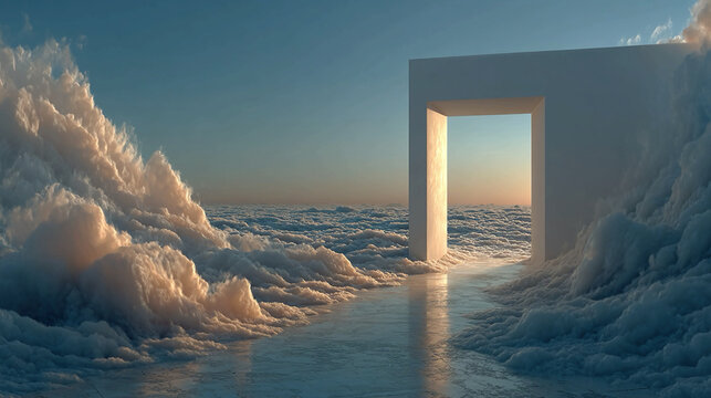 Doorway floating in mid-air abstract transition surreal passage suspended in void symbolic representation of change opportunity thresholds and metaphysical movement in space