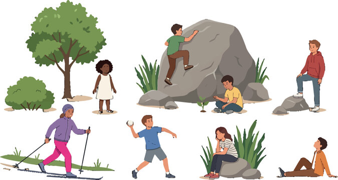 Diverse children playing outdoors in nature with rocks and trees vector illustration for educational design projects