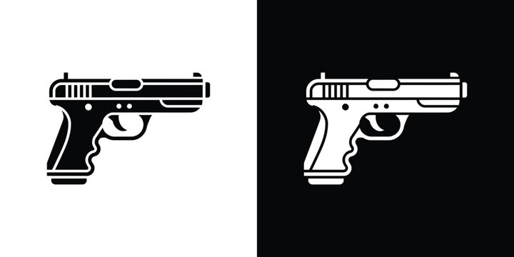 Detailed handgun or pistol firearm depicted in black and white variations, isolated on a clean background, for security or, law concepts