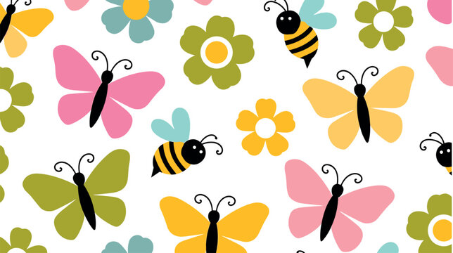 Cute seamless pattern background with colorful butterflies honey bees and blooming spring flowers vector illustration for kids design
