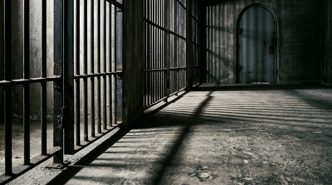 Empty prison cell corridor with shadows casting from bars
