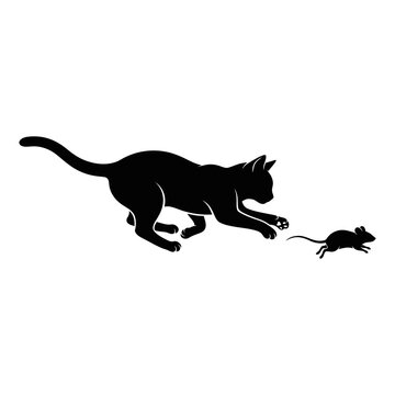Black cat chasing mouse, feline predator, rodent hunt, animal icons, silhouette isolated on White Background Vector Silhouette