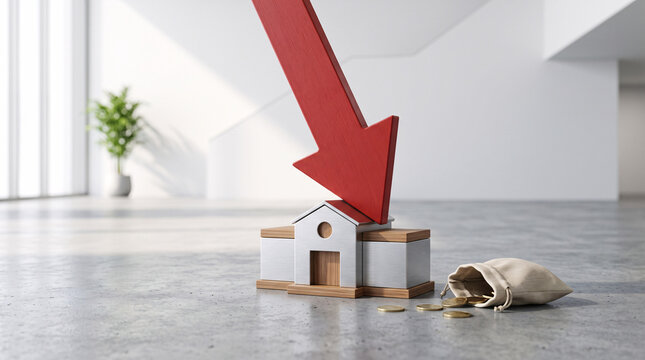 Concept de crise immobili&egrave;re avec maison &eacute;cras&eacute;e par une fl&egrave;che rouge