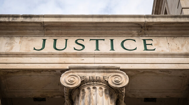 Fa&ccedil;ade d&rsquo;un palais de justice avec inscription Justice
