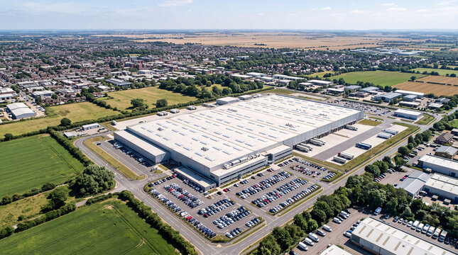Vue a&eacute;rienne d&rsquo;un vaste centre logistique entour&eacute; de routes et de zones rurales