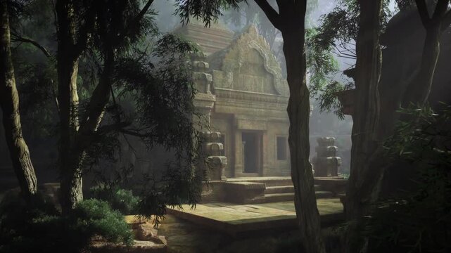 Ancient temple facade for archaeologist survey, carved lintels and deepset doorways cloaked in shadow, textured stone and overgrowth suggesting centuries