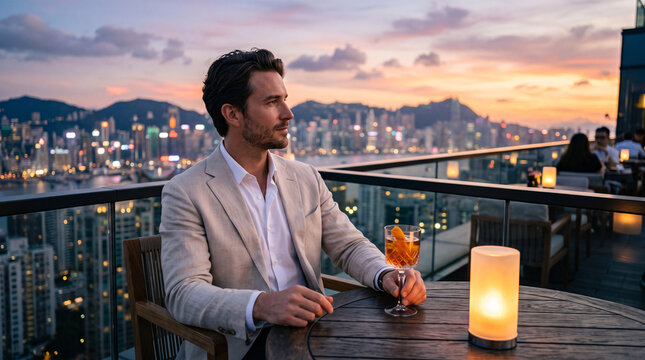 Homme d&rsquo;affaires profitant d&rsquo;un verre sur une terrasse avec vue sur la ville