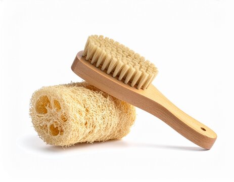 Natural loofah sponge and wooden bath brush isolated on white background
