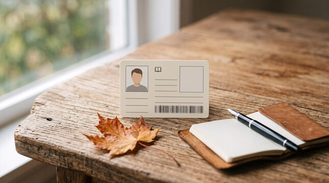 Carte d&rsquo;identit&eacute; pos&eacute;e sur une table avec carnet et stylo