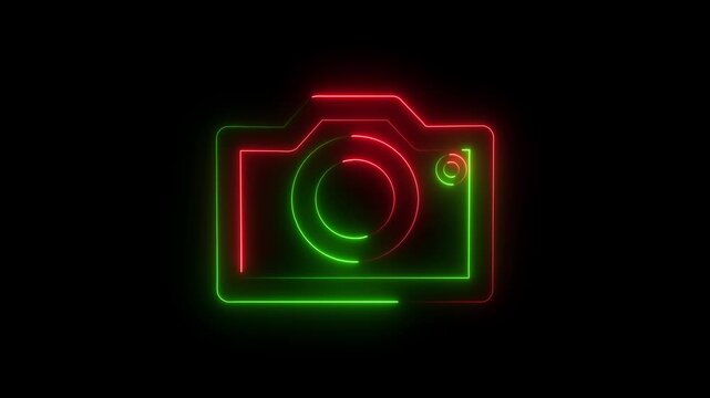 Neon camera icon with glowing red and green light lines on a dark black background representing photography and digital imaging technology for creative projects and modern web design elements