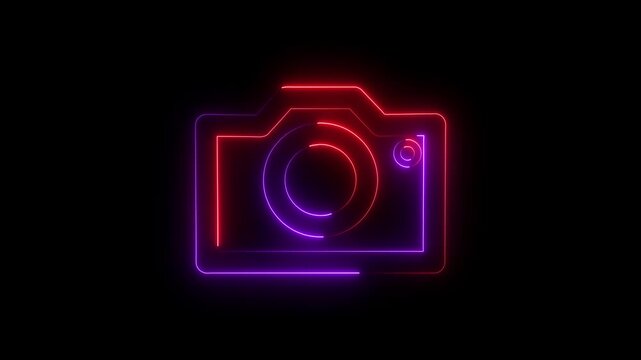 Glowing neon camera icon with bright red and purple light lines on a dark black background