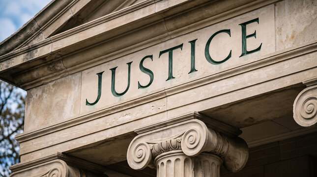 Fa&ccedil;ade d&rsquo;un palais de justice avec inscription Justice