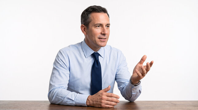Homme s&rsquo;exprimant lors d&rsquo;une interview professionnelle sur fond blanc