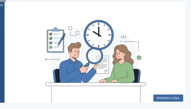 Business professionals schedule a call concept featuring document review with magnifying glass and clock.