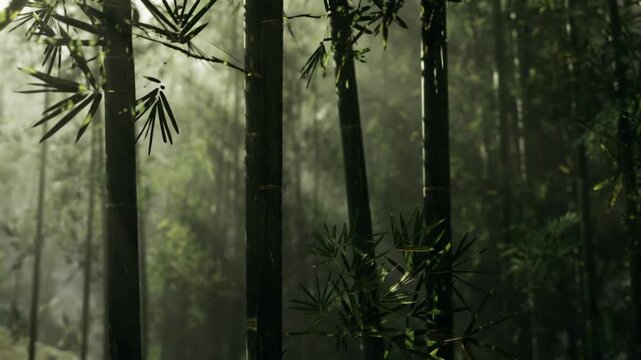 Secluded bamboo trail framed by silhouettes, narrow path hinted between tall trunks, soft mist and intimate scale invite quiet walk, solitude, and mindful