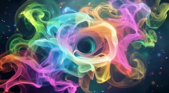 Vibrant swirls of iridescent gaseous plumes dance rhythmically across a deep nocturnal atmosphere while creating a mesmerizing vortex of kaleidoscopic energy that radiates joy throughout